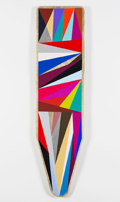 Jeffrey Gibson, Shield no. 11, 2013, elk hide over antique ironing board, acrylic paint, graphite, 12 x 47.5 inches. Photo courtesy Marc Strauss Gallery